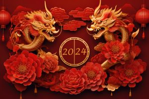 Happy Chinese New Year 2024. Dragon gold zodiac sign on red background for festival card design. Translation happy new year 2024, dragon